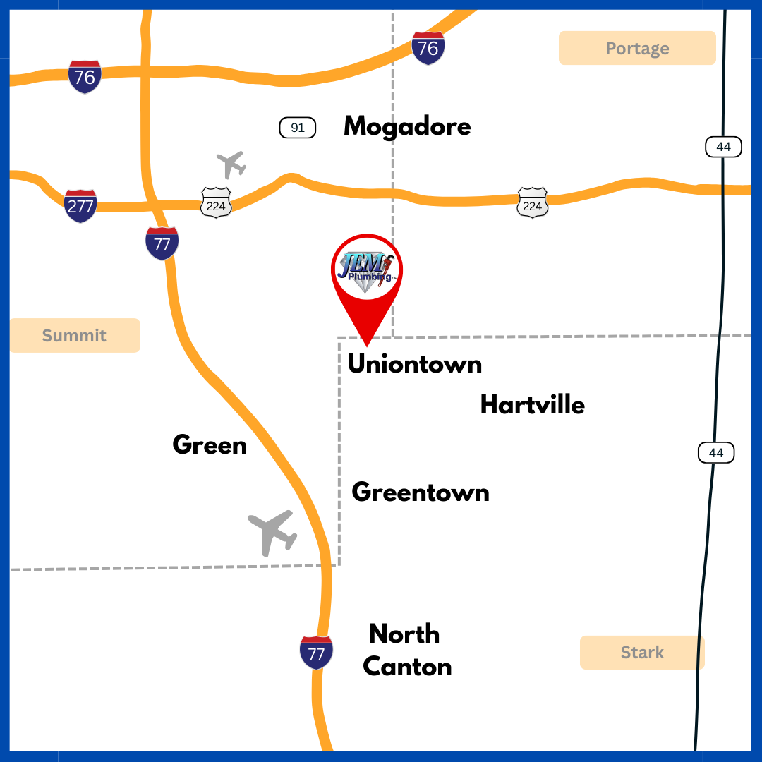 JEM-uniontown-map JEM Plumbing is based in Uniontown, OH and serves Hartville, Green, North Canton, Mogadore, along with Stark, Summit, and Portage Counties